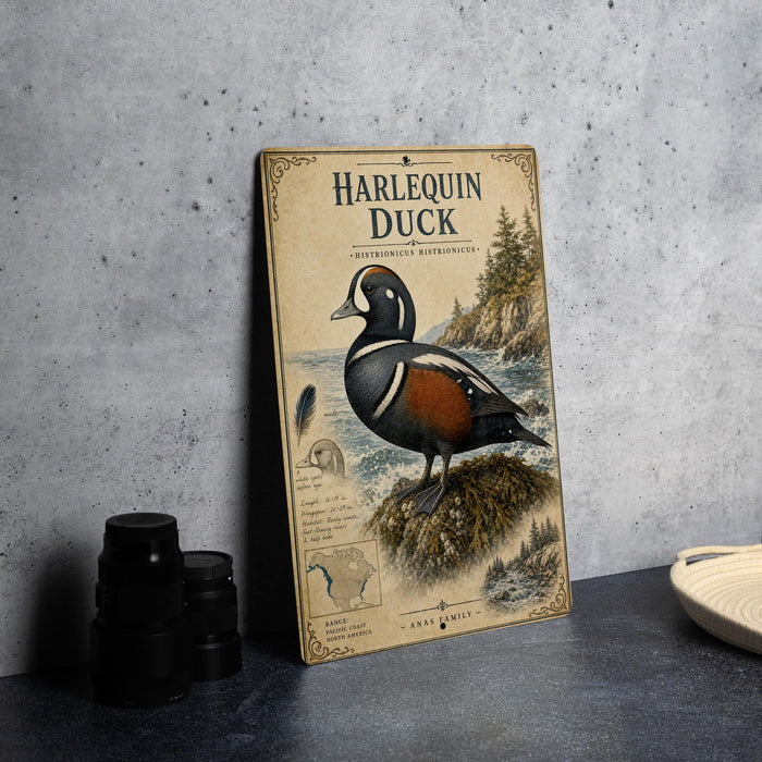 a book cover for "Harlequin Duck" with a detailed illustration of a Harlequin Duck standing on a rock.