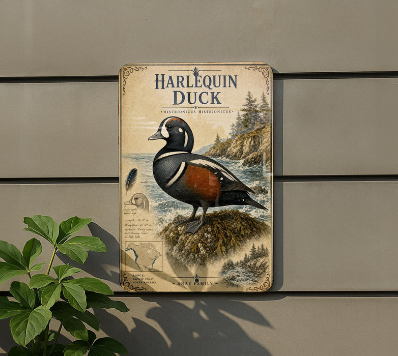 a vintage-style metal sign with a harlequin duck illustration, mounted on a wall.