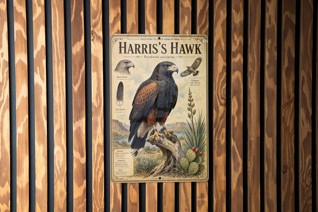 A vintage-style metal sign with illustrations and text about the Harris's Hawk, mounted on a wooden wall.