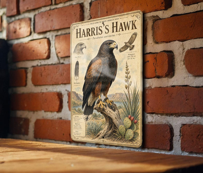 A vintage-style metal plaque depicting a Harris's Hawk, a bird of prey, perched on a tree stump with illustrations and text.