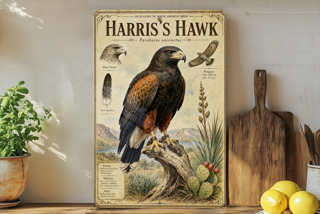 A framed illustration of a Harris's Hawk, a bird of prey, is displayed on a shelf next to a wooden cutting board and some potted plants.