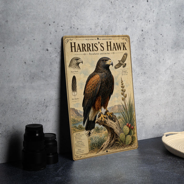 A vintage-style metal sign featuring an illustration of a Harris's Hawk, with additional text and illustrations related to the bird.