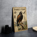 A vintage-style metal sign featuring an illustration of a Harris's Hawk, with additional text and illustrations related to the bird.