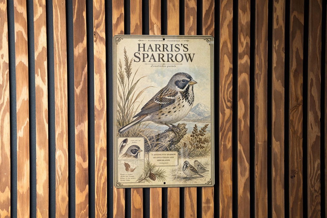 A vintage-style poster of a bird, likely a sparrow, is displayed on a wooden wall.