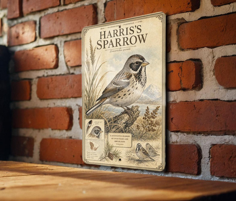 A vintage metal sign featuring an illustration of a bird, likely a sparrow, perched on a branch against a brick wall.