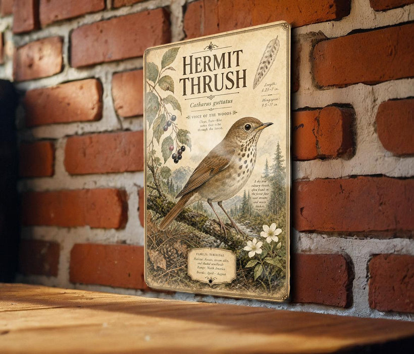 a vintage-style metal sign with a detailed illustration of a bird perched on a branch, surrounded by flowers and foliage. The sign is mounted on a brick wall, and the text on the sign is too small to read clearly.