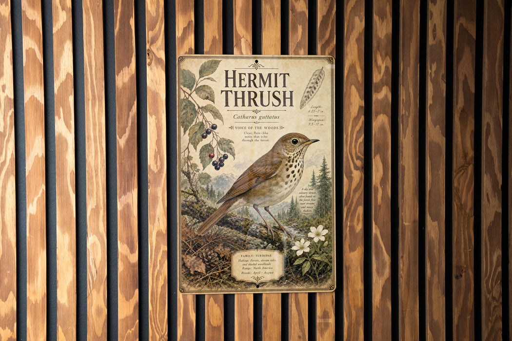 a vintage-style poster with a bird illustration, displayed on a wooden wall.