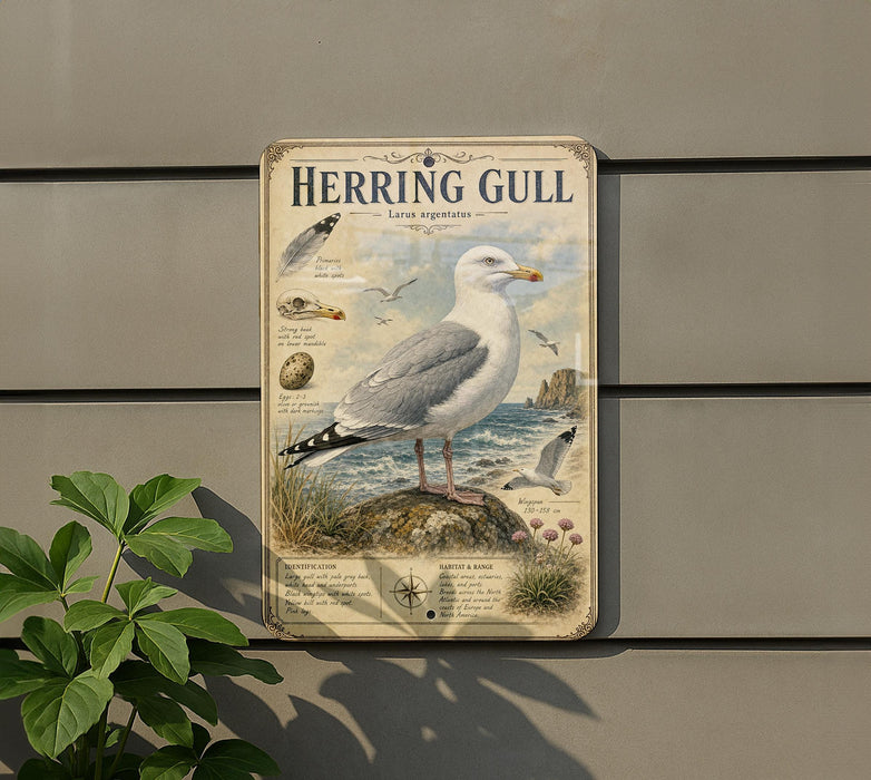 A metal sign with illustrations and text about the Herring Gull, a seabird species, mounted on a wall.