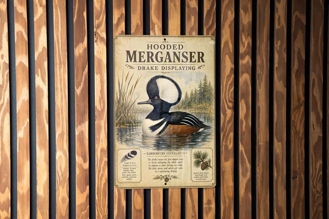 a sign for the Hooded Merganser, a type of duck, mounted on a wooden wall.
