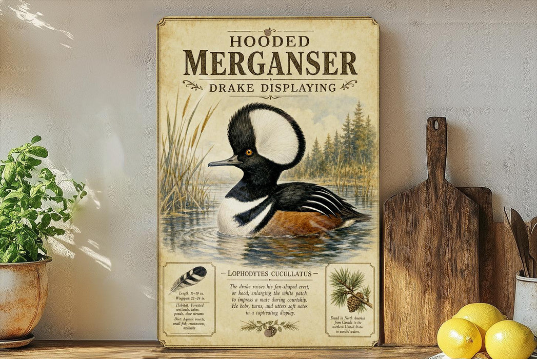 a poster of a hooded merganser, a type of duck, with a detailed illustration of the bird in a pond surrounded by plants. The poster also includes text and images related to the hooded merganser, such as its habitat, diet, and behavior.