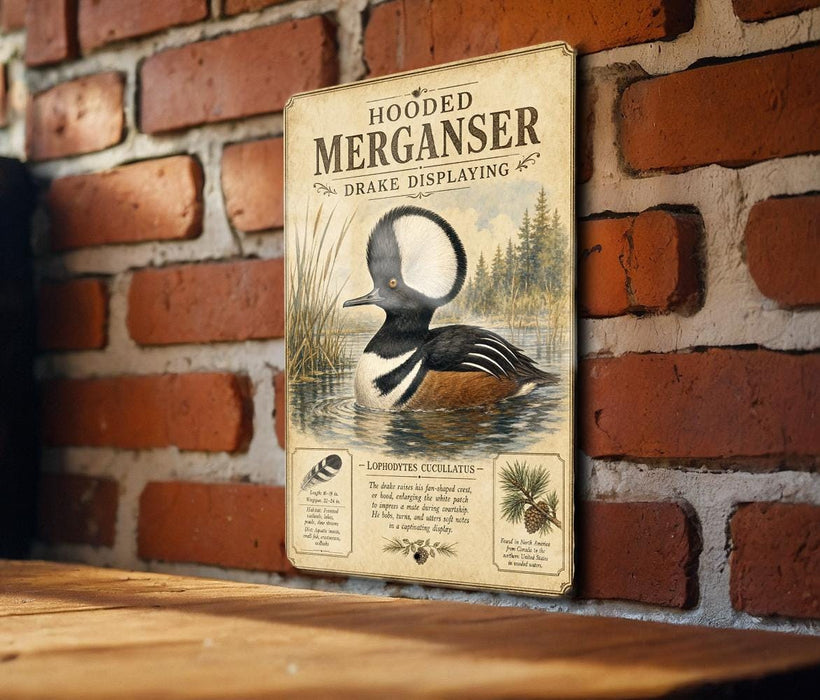 a sign with a duck illustration and text, mounted on a brick wall.
