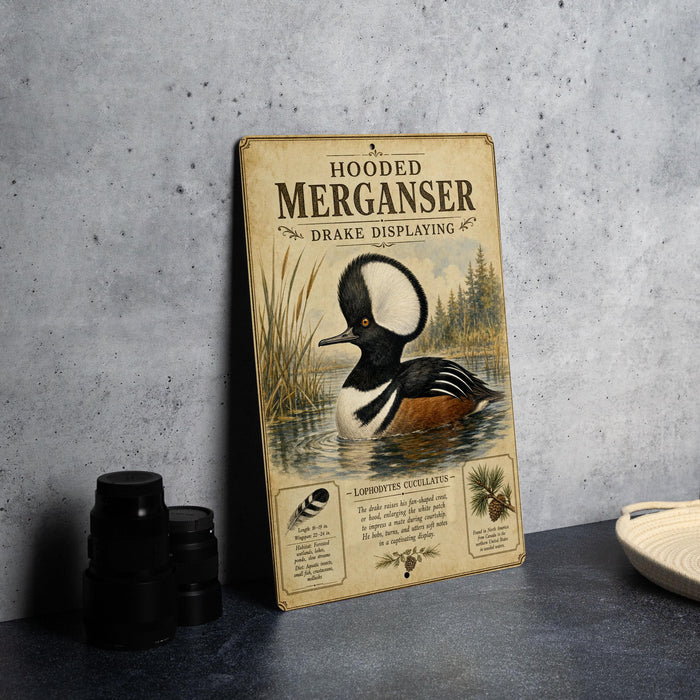 A vintage-style metal sign depicting a hooded merganser duck, with text and illustrations, is displayed on a gray concrete surface next to a stack of black camera lenses.