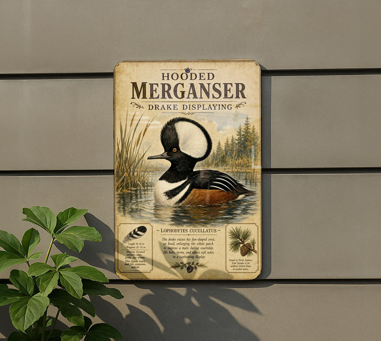 a sign for the Hooded Merganser, a type of duck, with a detailed illustration of the bird and information about it.