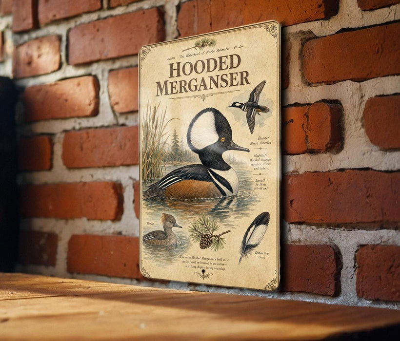 a vintage-style metal sign with illustrations of ducks and a bird, mounted on a brick wall.