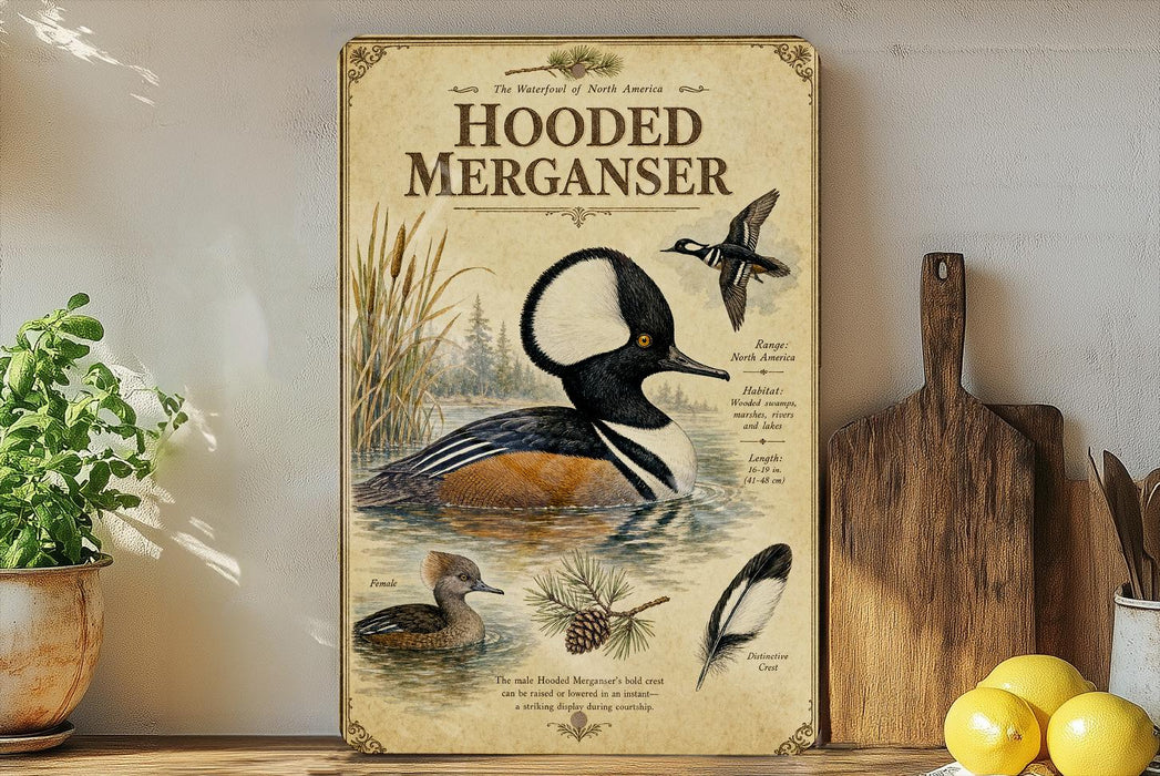 a poster of a hooded merican, a bird with a distinctive black and white head, sitting in a body of water surrounded by pine trees.