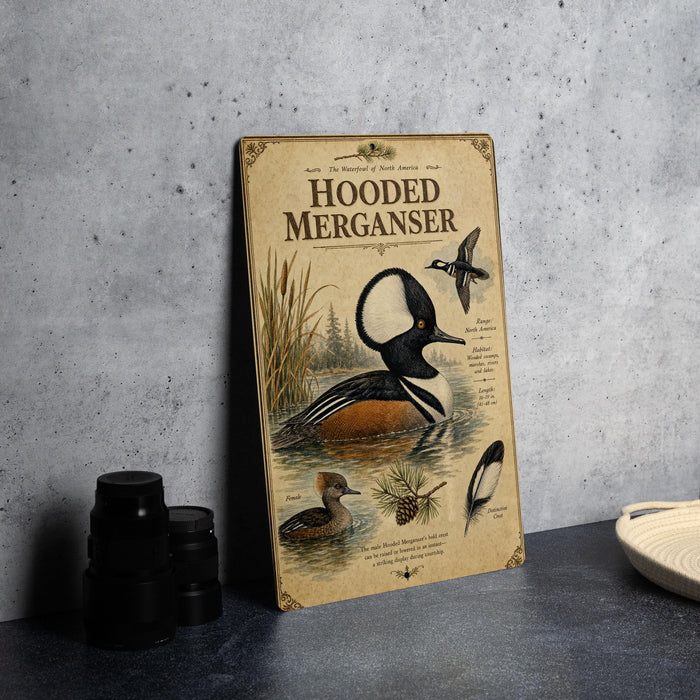 a vintage-style metal sign with illustrations of ducks and other wildlife, placed on a gray countertop next to some black camera lenses.