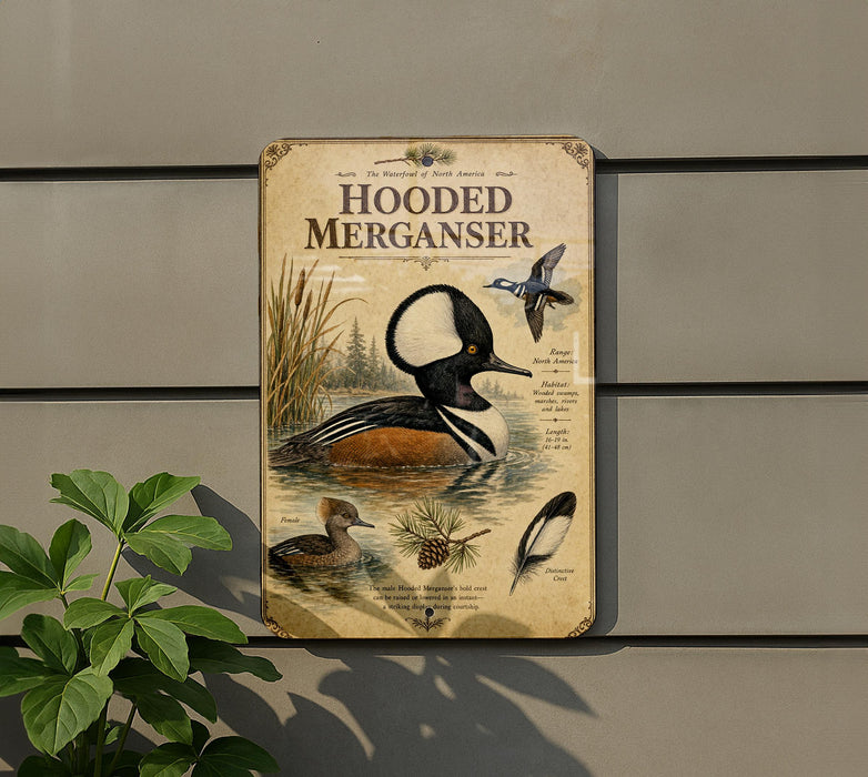 a sign for the Hooded Merganser, a type of water bird, mounted on a wall.