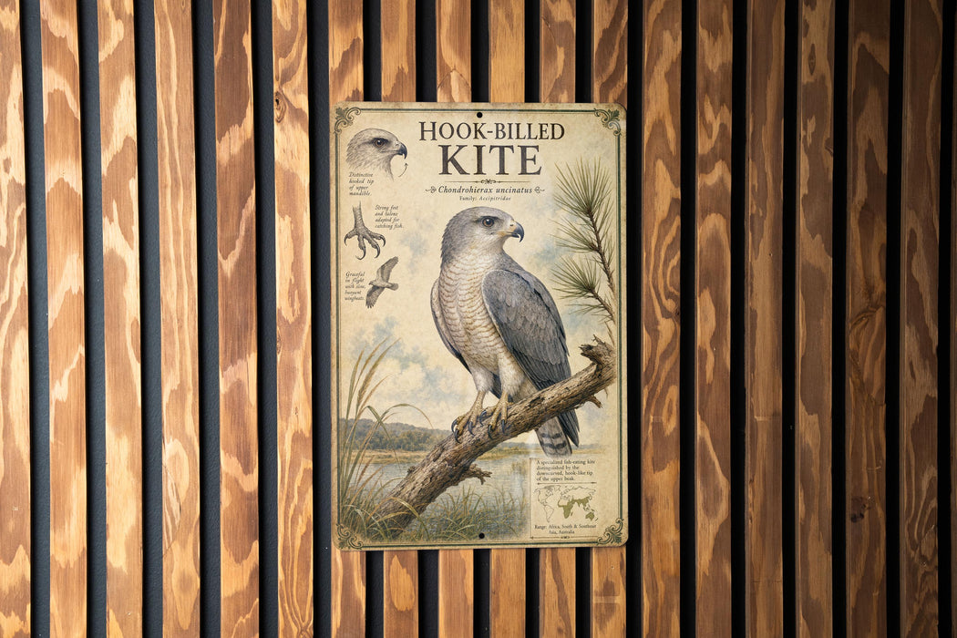 a sign with a picture of a bird, specifically a hawk, perched on a branch. The sign is mounted on a wooden wall with vertical slats.
