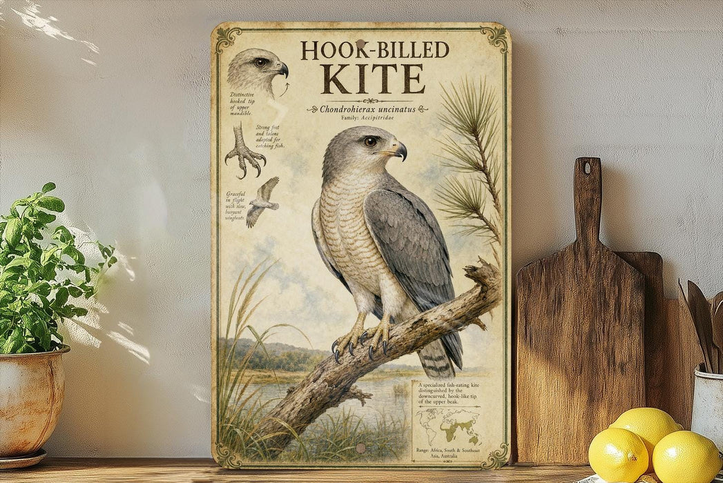 a framed illustration of a Hook-billed Kite, a bird of prey, perched on a branch. The bird is depicted in a detailed manner, showcasing its physical features and natural habitat. The framed artwork is displayed on a shelf, surrounded by various kitchen utensils and a potted plant.