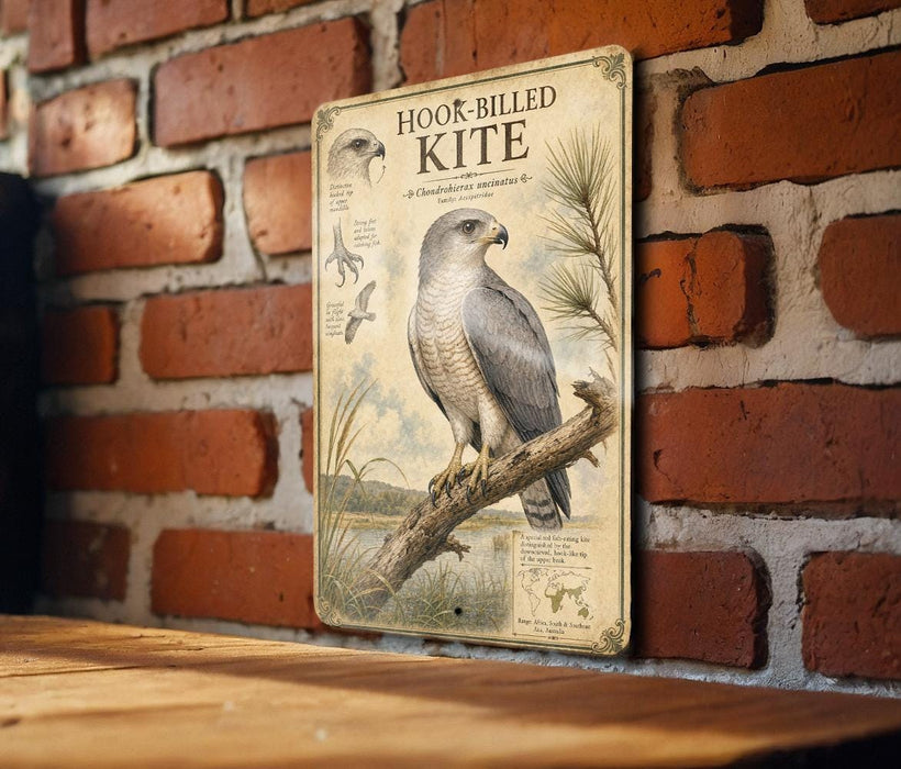 A metal sign with a detailed illustration of a bird, specifically a hawk-billed kite, mounted on a brick wall.