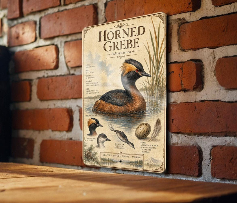 a sign with a detailed illustration of a horned grebe, a type of water bird, mounted on a brick wall.