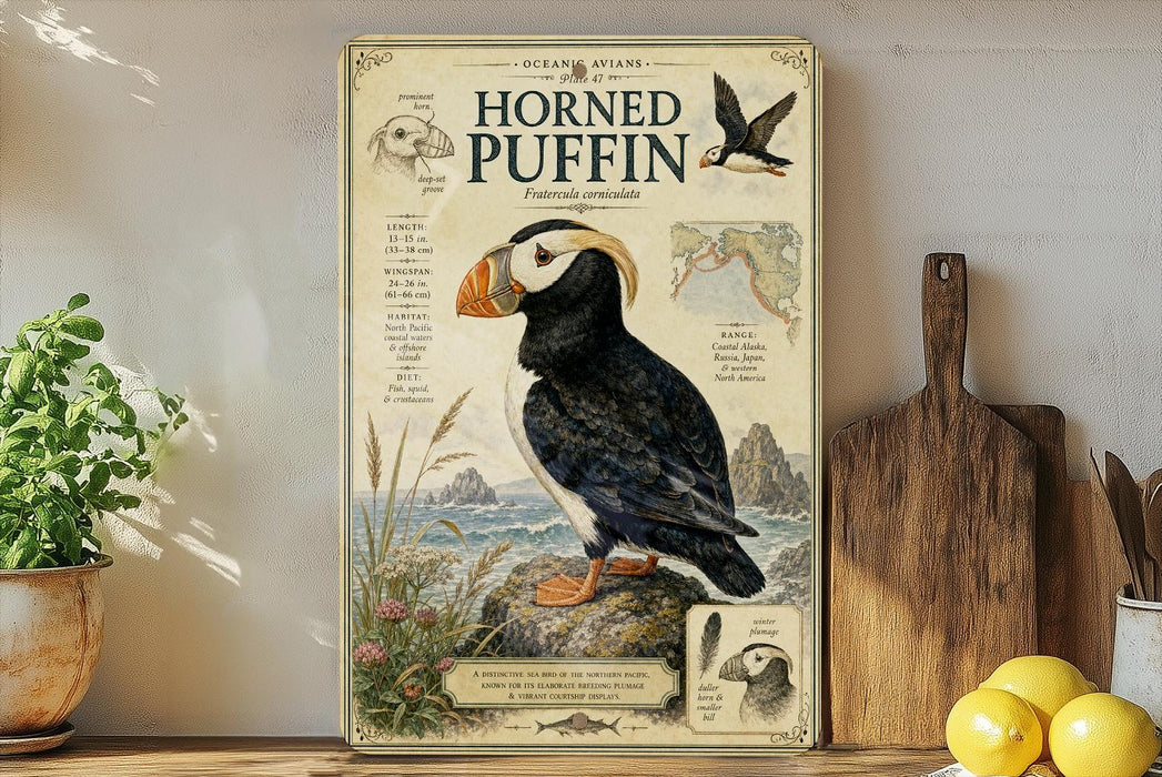 a poster of a horned puffin, a seabird, on a shelf next to a wooden cutting board and some fruit.