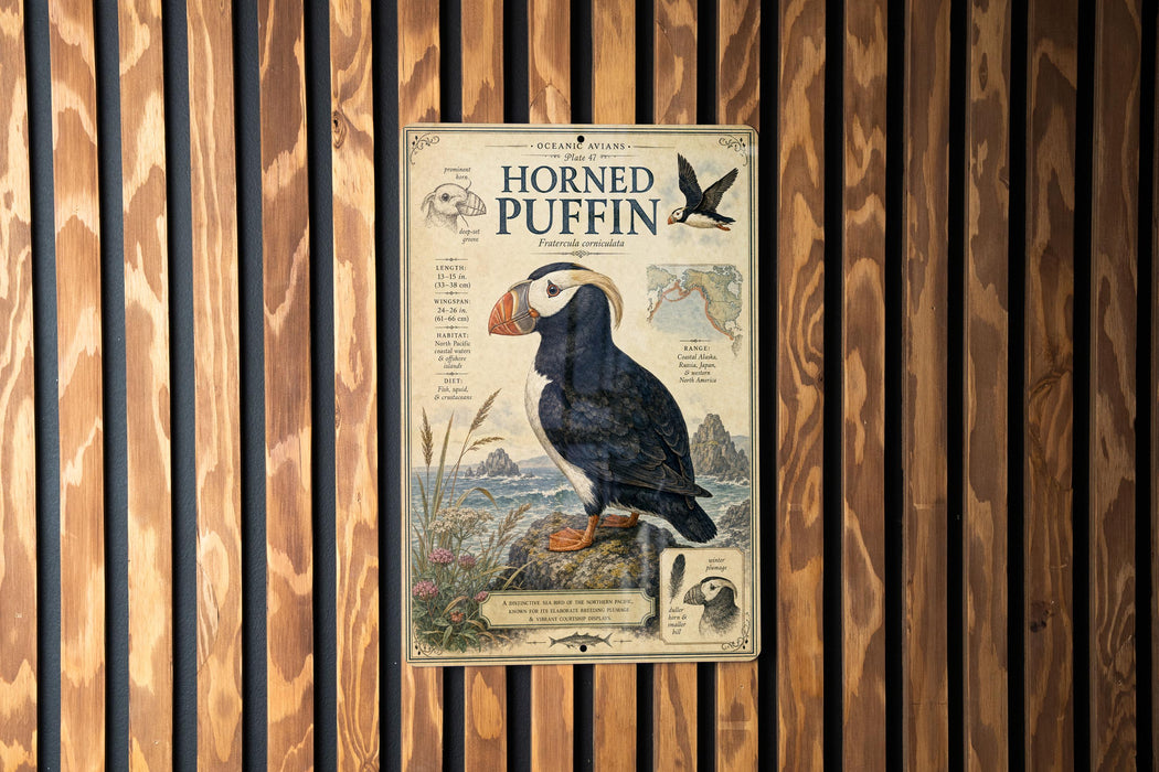 a poster of a horned puffin, a type of bird, with a detailed illustration and text providing information about the bird.