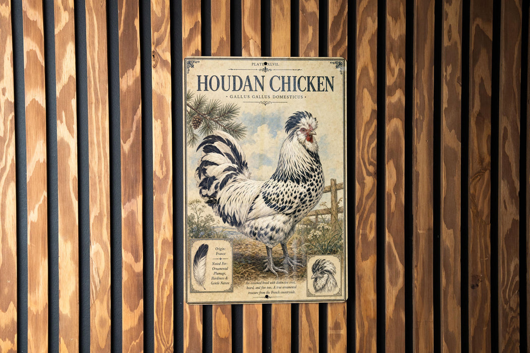 A poster of a Houdan chicken is displayed on a wooden wall.