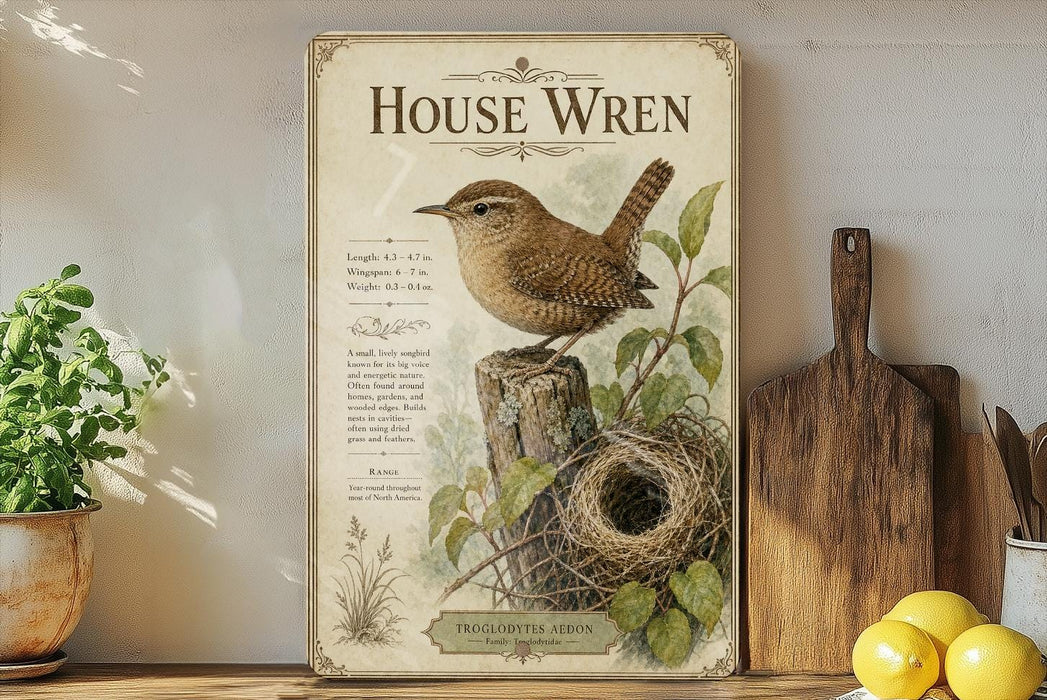 a framed illustration of a house wren, a small bird, perched on a tree stump with a nest nearby. The frame has a vintage-style design with decorative elements. The background of the image is a white wall, and there are some potted plants and kitchen utensils visible in the foreground.