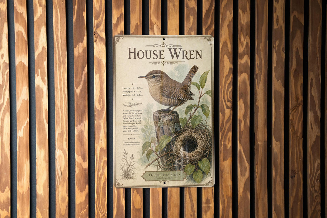 a vintage-style sign with a detailed illustration of a house wren perched on a branch with a nest.