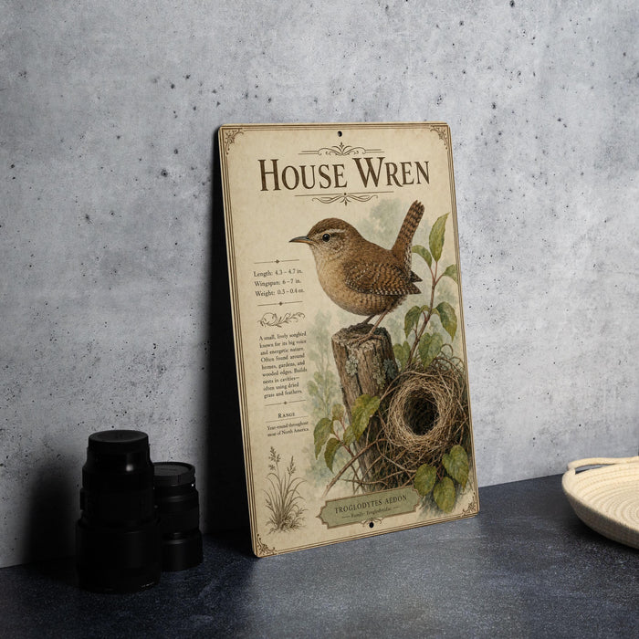 a vintage-style metal sign with a detailed illustration of a house wren perched on a tree stump, surrounded by foliage.