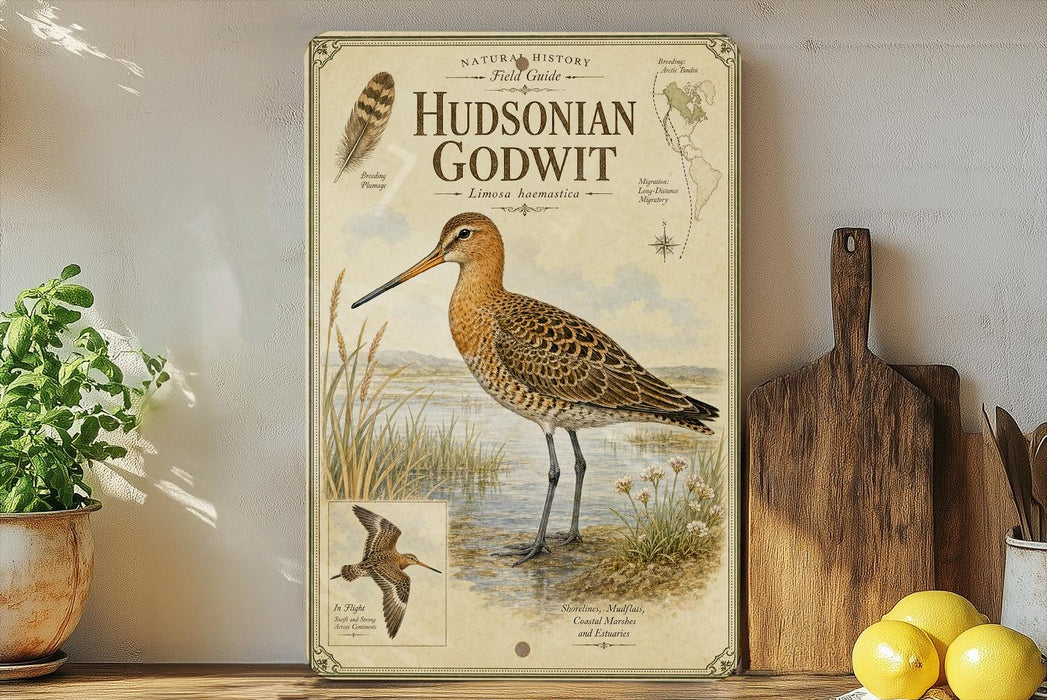 a vintage-style book cover for "Hudsonian Godwit" with illustrations of the bird and its natural habitat. The book cover is displayed on a shelf next to a wooden cutting board and a potted plant.