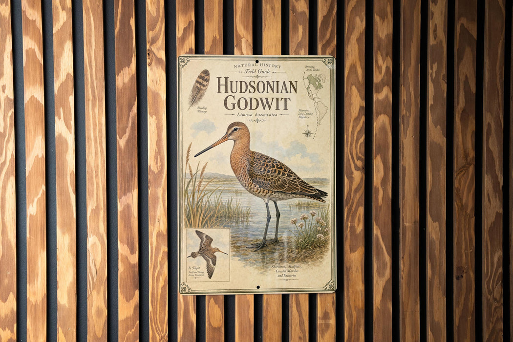 A vintage-style poster of a bird, likely a species of bird called the Hudsonian Godwit, is displayed on a wooden wall.