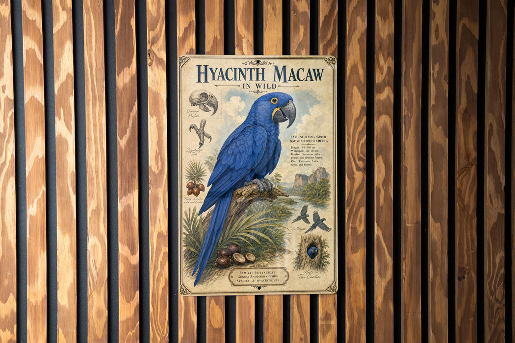 a blue parrot, specifically a Hyacinth Macaw, perched on a branch.