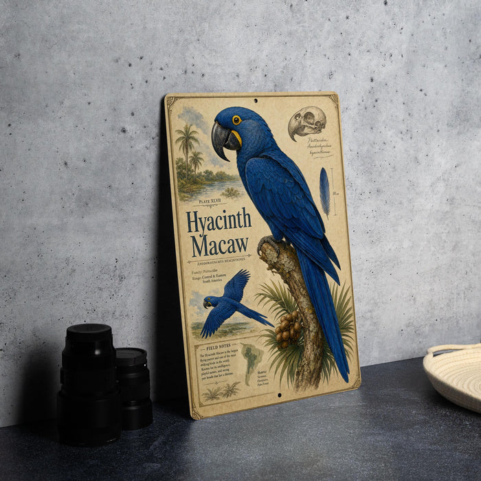 a vintage-style metal sign with a blue parrot illustration, placed on a table next to some black camera lenses.