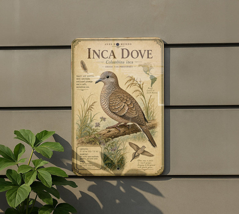 a vintage-style metal sign with an illustration of an Inca dove, mounted on a wall.