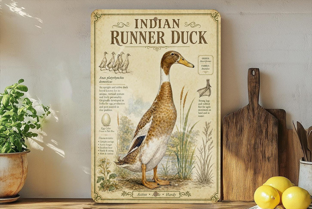 a vintage-style illustration of an Indian Runner Duck on a wooden surface, accompanied by various texts and illustrations related to the duck.