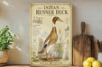 a vintage-style illustration of an Indian Runner Duck on a wooden surface, accompanied by various texts and illustrations related to the duck.