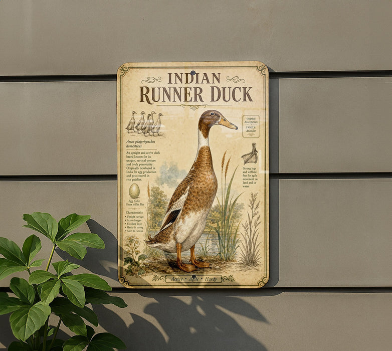 a sign for the Indian Runner Duck, which is a large water bird with a distinctive appearance.