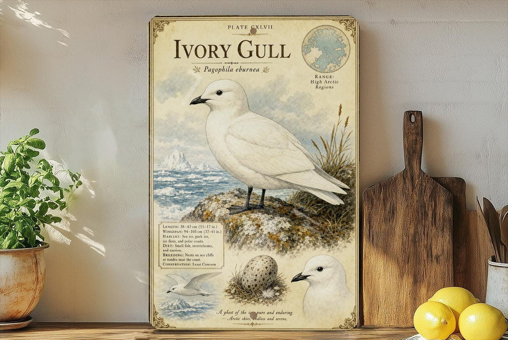 a vintage-style illustration of a white Ivory Gull, a seabird, perched on a rock with a map of the world in the background. The illustration is accompanied by text that provides information about the species, including its habitat, range, and conservation status.