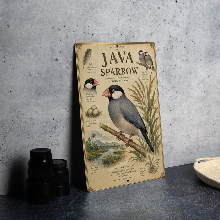 a vintage-style illustration of a Java Sparrow on a wooden surface, accompanied by various bird-related illustrations and text.