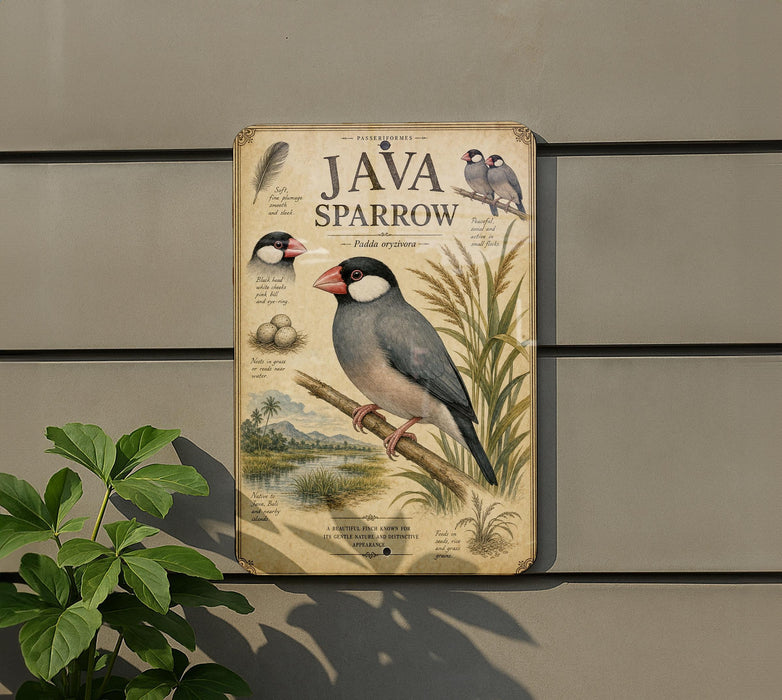 a vintage-style metal sign with illustrations and text, mounted on a wall next to a plant.
