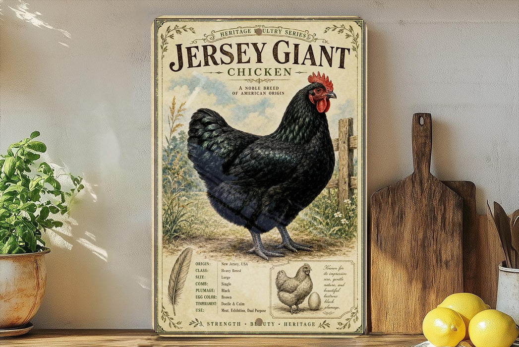 A vintage-style poster of a Jersey Giant chicken is displayed on a shelf, accompanied by a wooden cutting board and some potted plants.