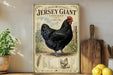 A vintage-style poster of a Jersey Giant chicken is displayed on a shelf, accompanied by a wooden cutting board and some potted plants.