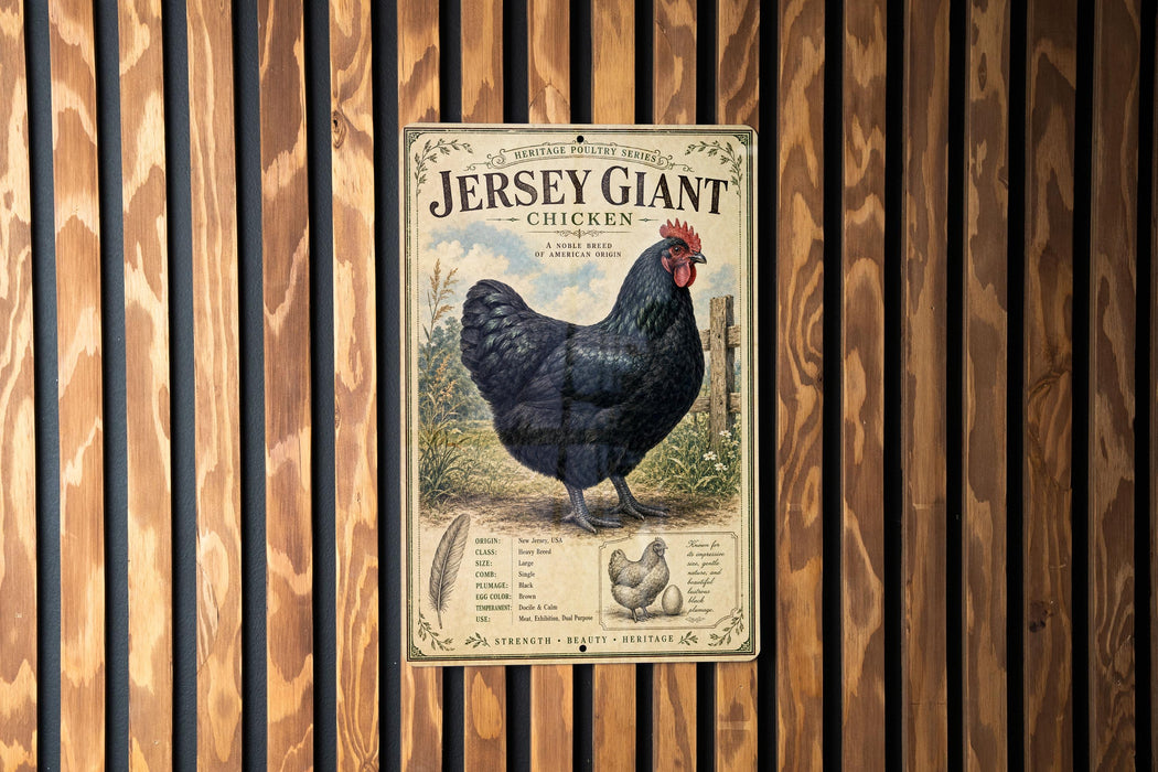 A vintage-style poster of a Jersey Giant chicken is displayed on a wooden wall.