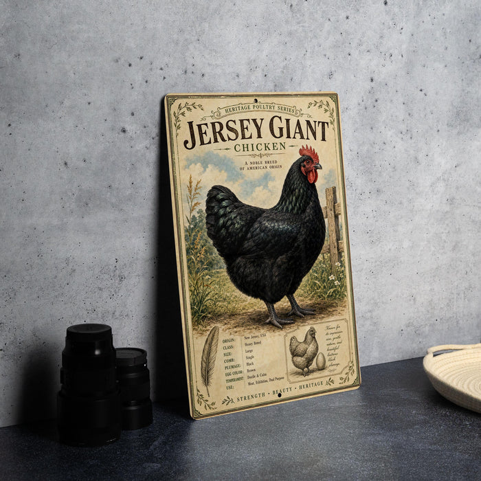 A vintage-style poster of a Jersey Giant chicken is displayed on a wall, accompanied by a stack of black camera lenses and a woven basket.