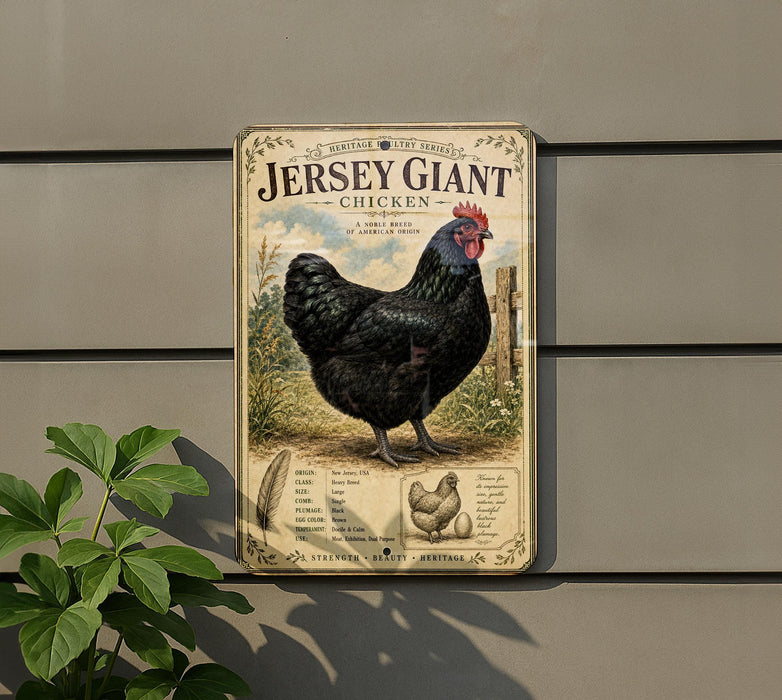 A vintage-style metal sign featuring an illustration of a Jersey Giant chicken, with text describing the chicken's origin and heritage.