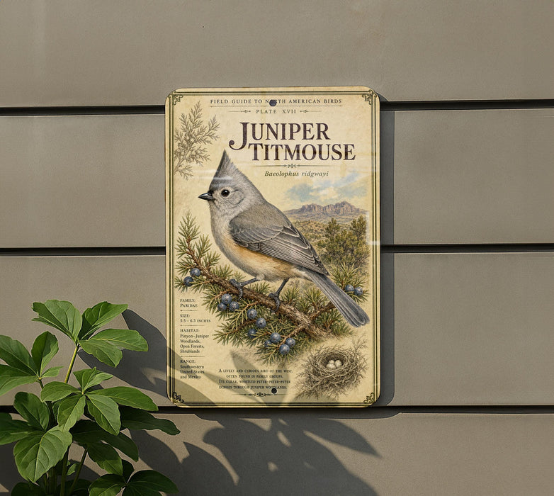 a field guide to the American birds, specifically the Juniper titmouse, with a detailed illustration of the bird perched on a branch with berries.