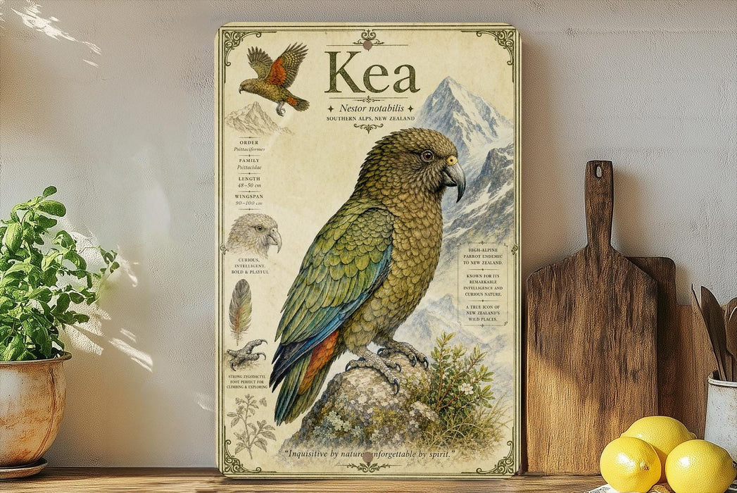 A framed illustration of a colorful parrot, specifically a Kea, is displayed on a shelf next to a wooden cutting board and some kitchen utensils.