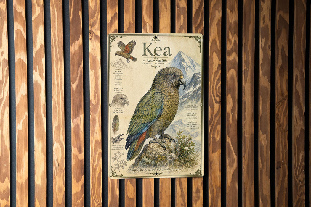 A vintage-style poster of a parrot, specifically a Kea, is displayed on a wooden wall.